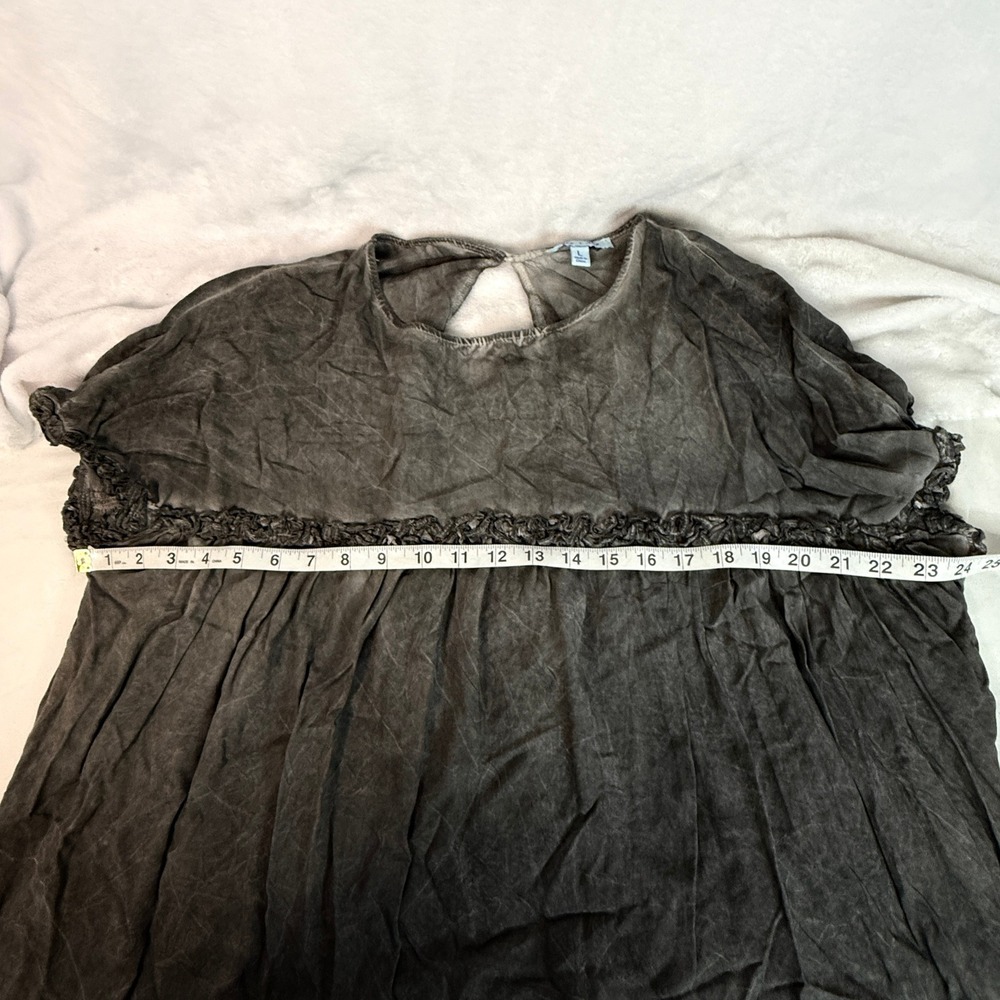 She + Sky Gray Washed Rayon Babydoll Tunic Top Women's L Boho crochet trim - Picture 7 of 11